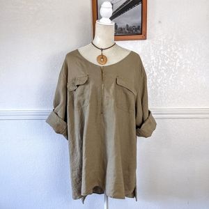 Ellen Tracy Khaki Linen Tunic Top Roll Tab Sleeves